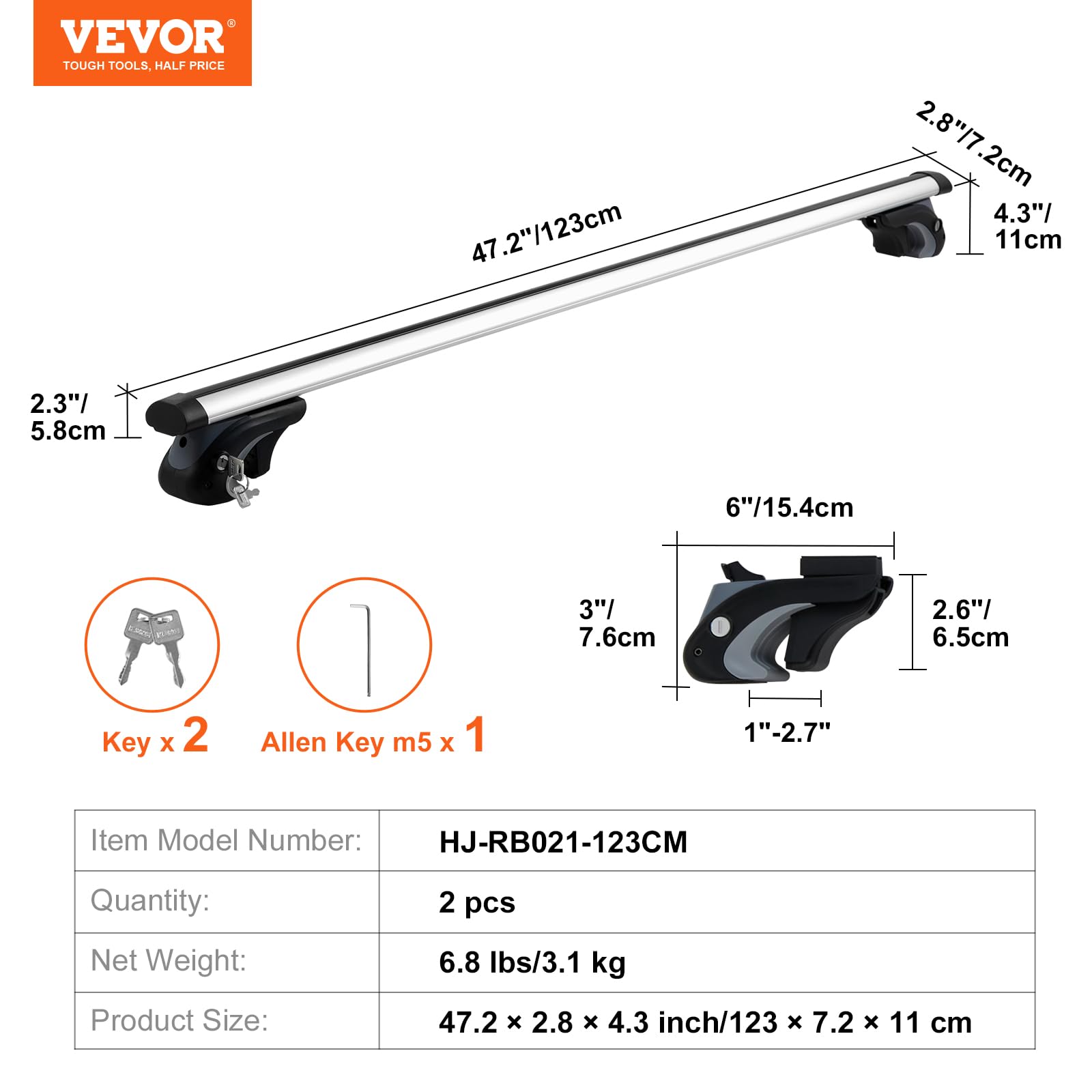 VEVOR Barre Trasversali da Tetto per Auto SUV, Portapacchi da Tetto Auto Carico max 100 kg Lunghezza 1280 mm, Barre 2 pezzi per Porta Bagagli Universali in Alluminio Bici Viaggio Campeggio Pesca