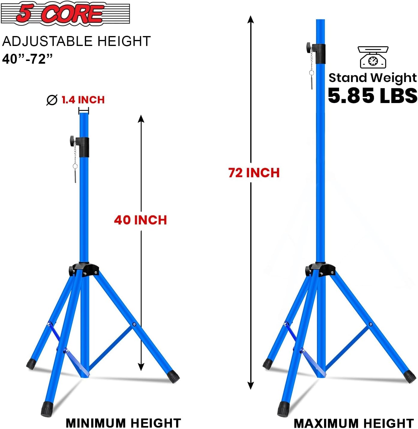 5 Core Speaker Stand Tripod Floor Heavy Duty Adjustable Up to 72 Inch DJ Studio Monitor Stands Pole Mount - (Sky Blue)