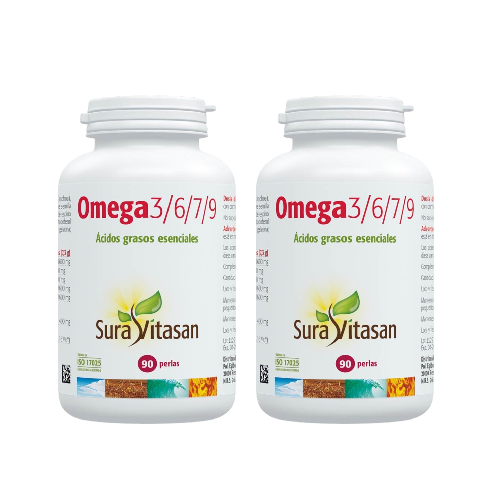 SURA VITASAN Omega 3/6/7/9 Pack de 2 x 90 (180 Perlas) Ácidos Grasos | Pescado Salvaje, Borraja, Lino y Espino Amarillo, para Soporte Nutricional Integral y Protección Antioxidante
