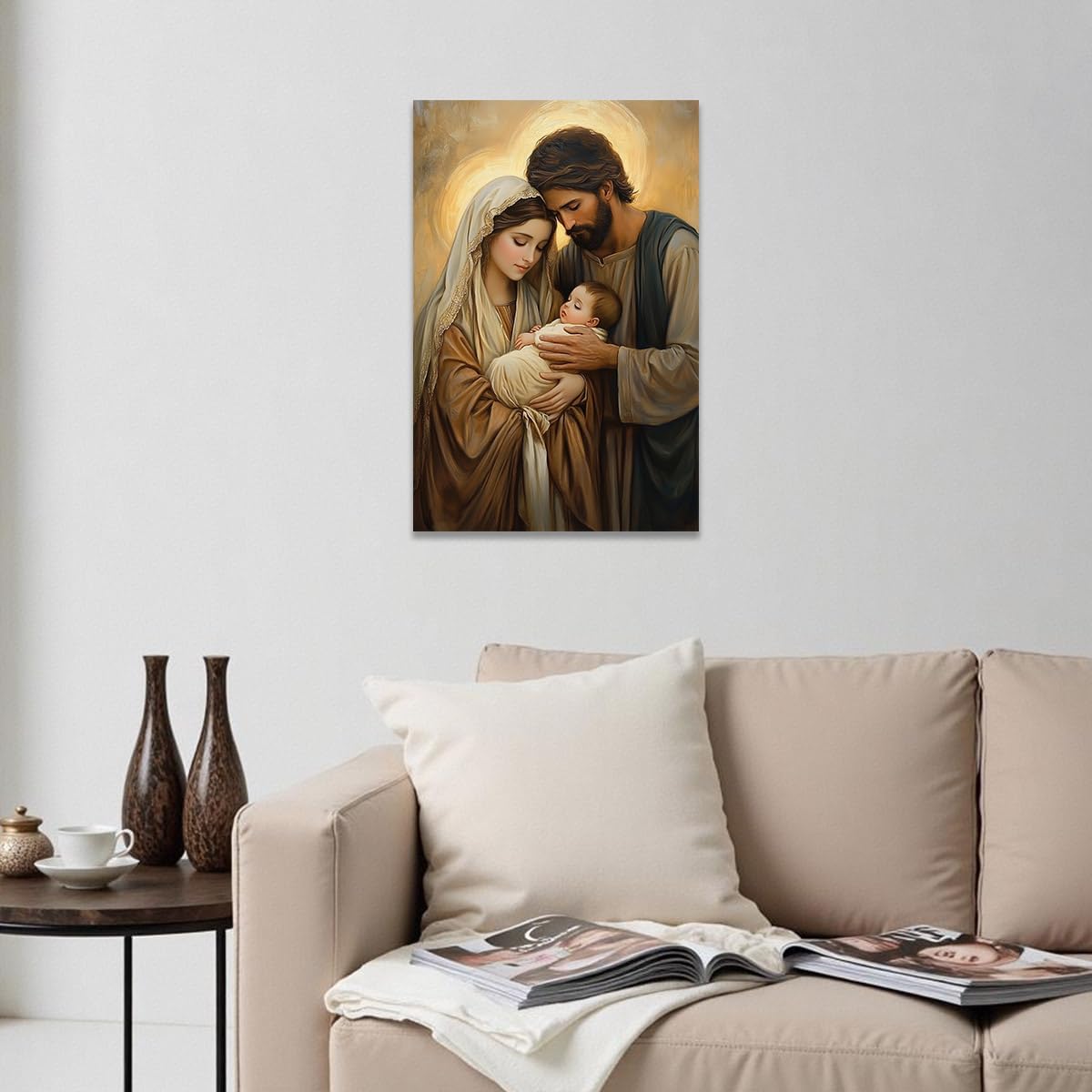 CCWACPP Holy Family Wall Art Catholic Wall Canvas Jesus Pictures Virgin Mary Painting Prints for Living Room Home Church Prayer Room Decor Framed (12.00" x 18.00")