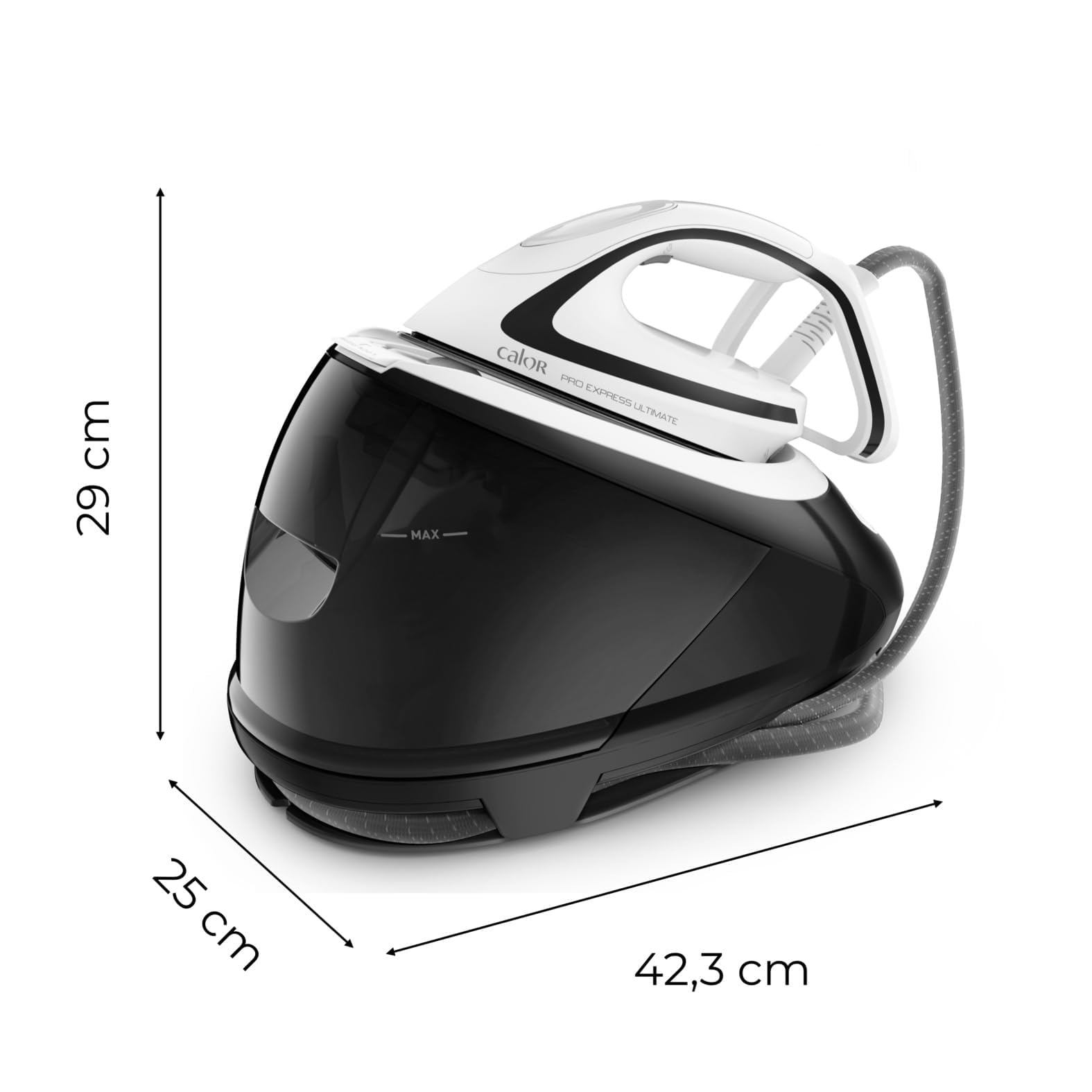 Tefal Pro Express Ultimate Dampfbügelstation, starker 8-Bar-Druck, Dampfstoß: 520 g/Min., 1,9 L Wassertank, Antikalk-Kollektor, Anti-Tropf-System, Bügeleisen Dampfstation, schwarz/weiß, GV9550