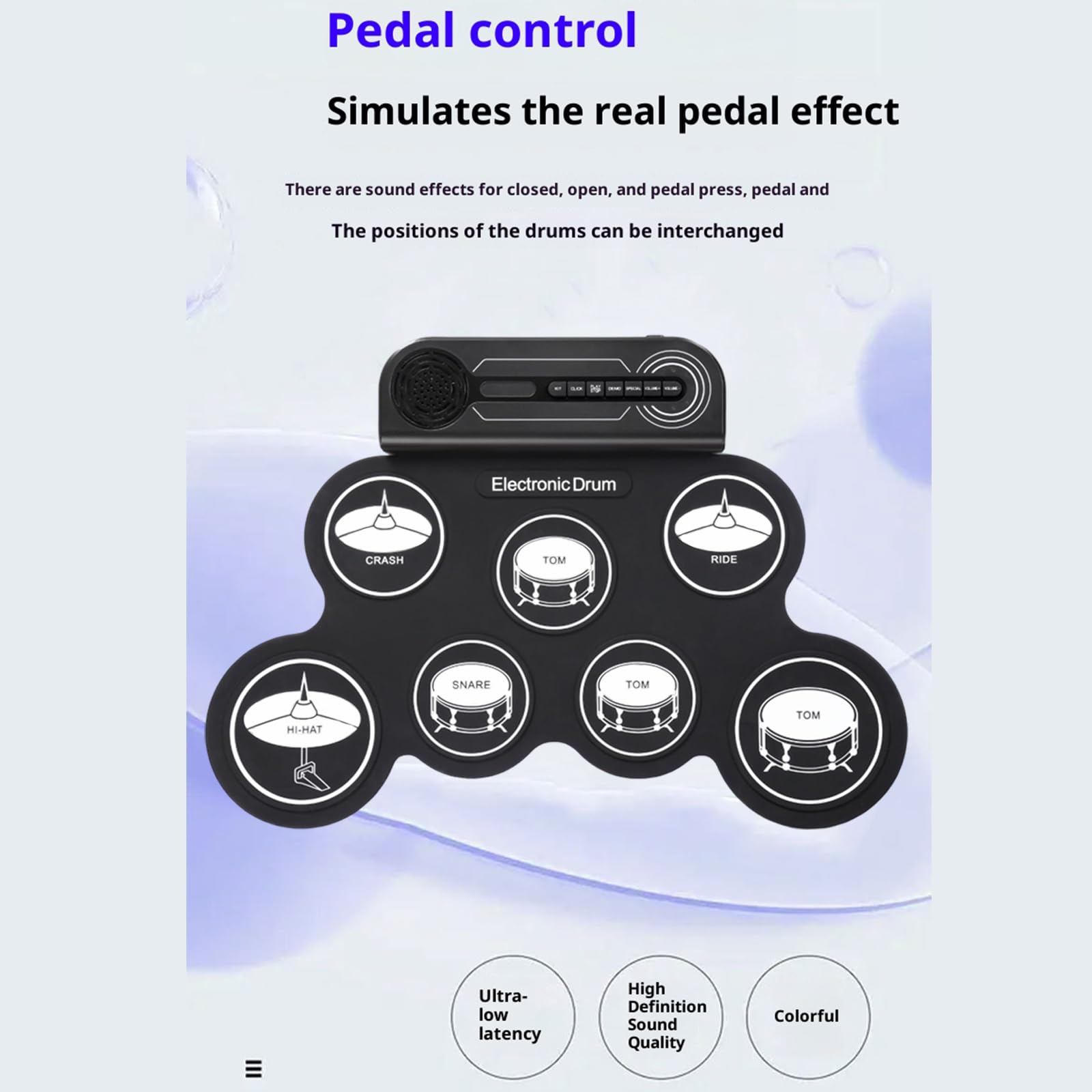 Kit de batería enrollable flexible con altavoz, pad de percusión portátil, 7 pads, instrumento creativo para adultos y niños principiantes, instrumento musical negro