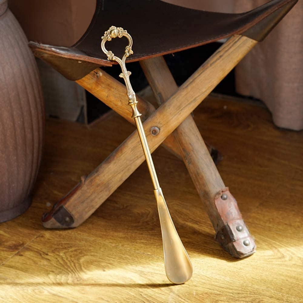 BERTY·PUYI Metall-Schuhlöffel, Langer Messing-Schuhanzieher, Designstabiler Schön Haltbarer Schuhlöffel, Langer Griff Schuhlöffel Bequemer Rutschfester Schuhlöffel Stark,Gold