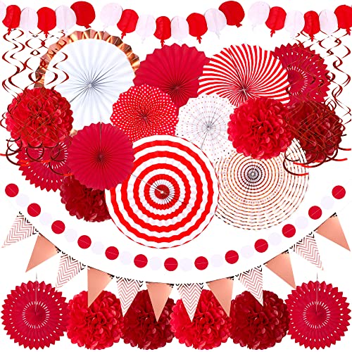 Image of Moon Boat 35PCS Party Decorations Paper Fan Hanging Set - Birthday,Wedding,Baby Shower,Circus,Festival Decor (Red)