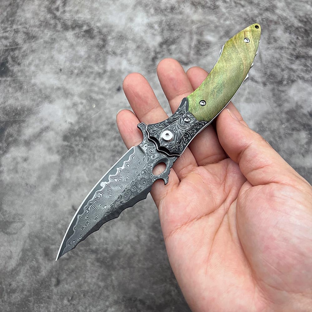 Taschenmesser scharfes Damast klappmesser klein 7.5cm VG10 damaskus stahl, Holzgriff Grün Stabilisiertes Holz Faltbar Edc tanto messer flipper Damaszener geschmiedet ‌einhandmesser, Premium Eleganz