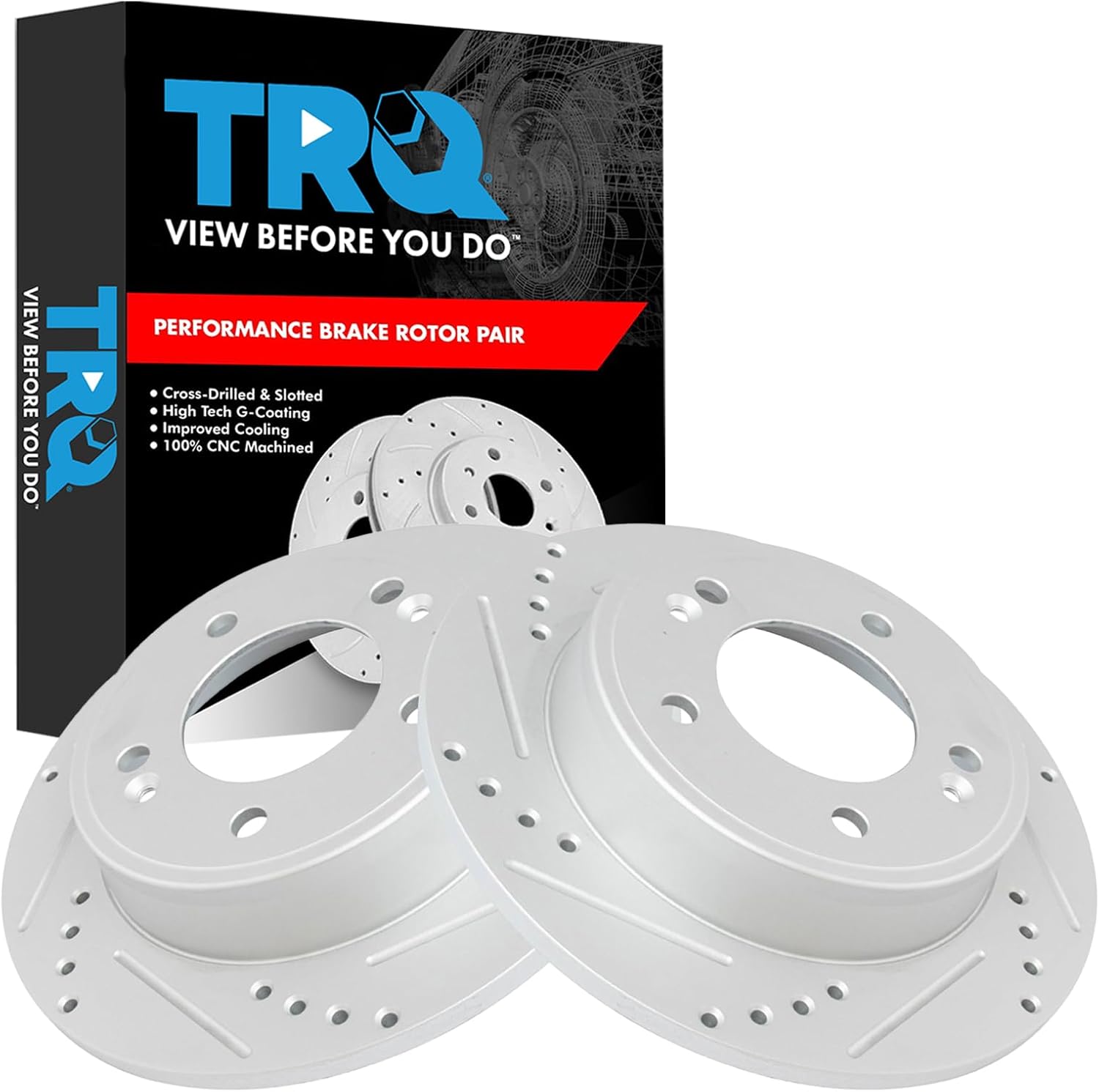 TRQ Rear Brake Rotors Set Premium G-Coated 2 Piece Slotted X Drilled Driver & Passenger Side Compatible with 11-23 Hyundai 14-24 Kia