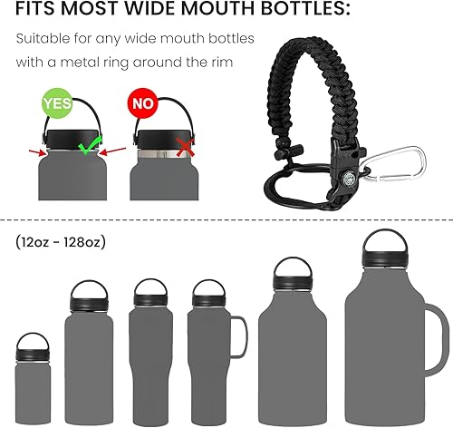 Miniatura 9 de RAYMYLO Mango de botella de agua para jarra de agua de boca ancha, correa de mango de paracaídas para botellas de 32, 40, 64, 128 onzas, accesorios