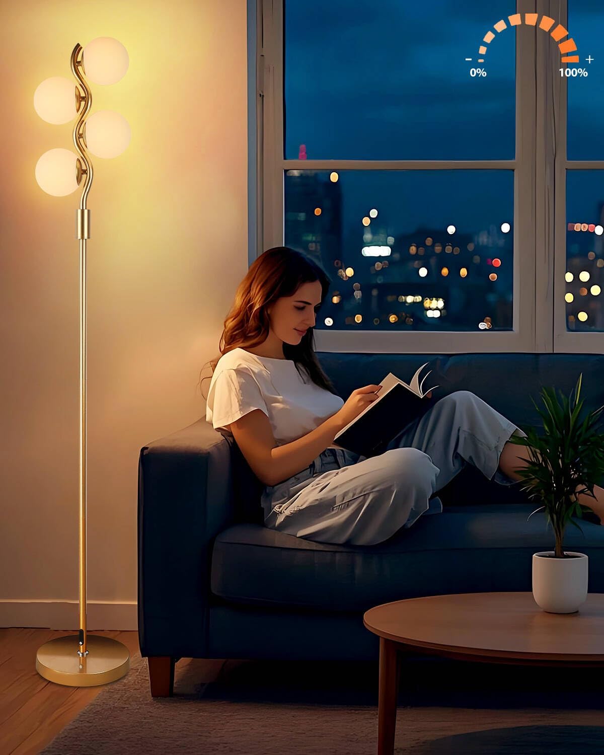 63IN Gold Globe Floor Lamp Dimmable Tall Standing Lamps with Soft Warm White 3000K Bulbs, Mid Century Modern Floor Lamp for Living Room Bedroom Home Decor