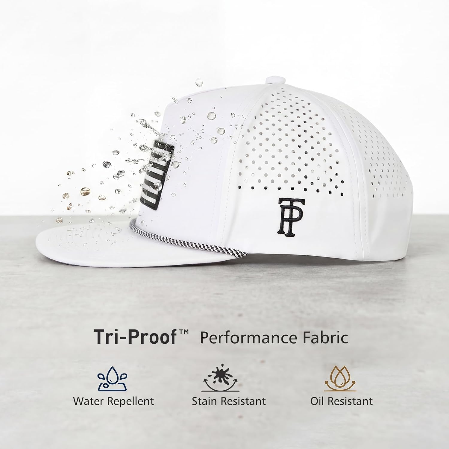 TOP-EX Golf Performance Snapback Hat for Men Waterproof Repellent Flat Bill Cap Breathable Laser Perforated Two Sizes XL XXL