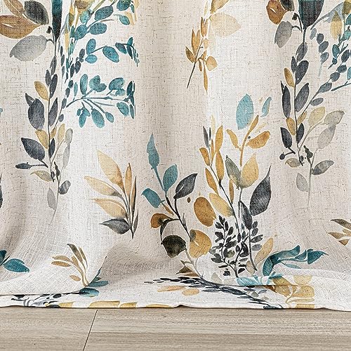 Image of MYSKY HOME Floral Linen Curtains 54 inch Length 2 Panels Set Leaf Patterned Semi Sheer Light Filtering Privacy Farmhouse Grommet Drapes for Bedroom Small Window, 52 inch Wide Each Panel, Yellow and Blue