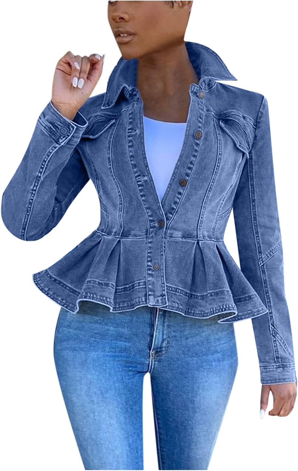 Women Casual Denim Jacket - Long Sleeve Buttom Ruffle Shoulder Jean Jackets Peplum Coat Plus Size