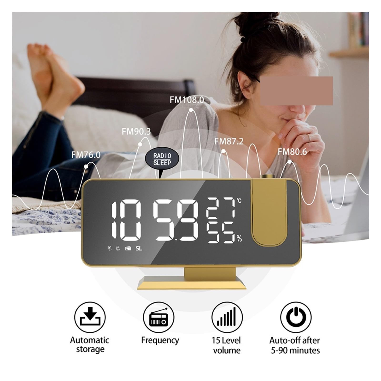 Projektionswecker Mit Um 180° Drehbarem Projektor, Nachttischwecker FM-Radio-Timing for Zuhause, Schlafzimmer, Büro Klare Projektion(Gold)