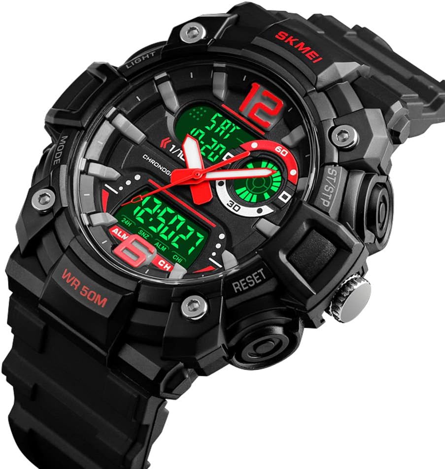 MASTOP Men Multifunction Analog Digital Wrist Watch LED Display Waterproof Outdoor Sport Tactics Watch for Men (Red)