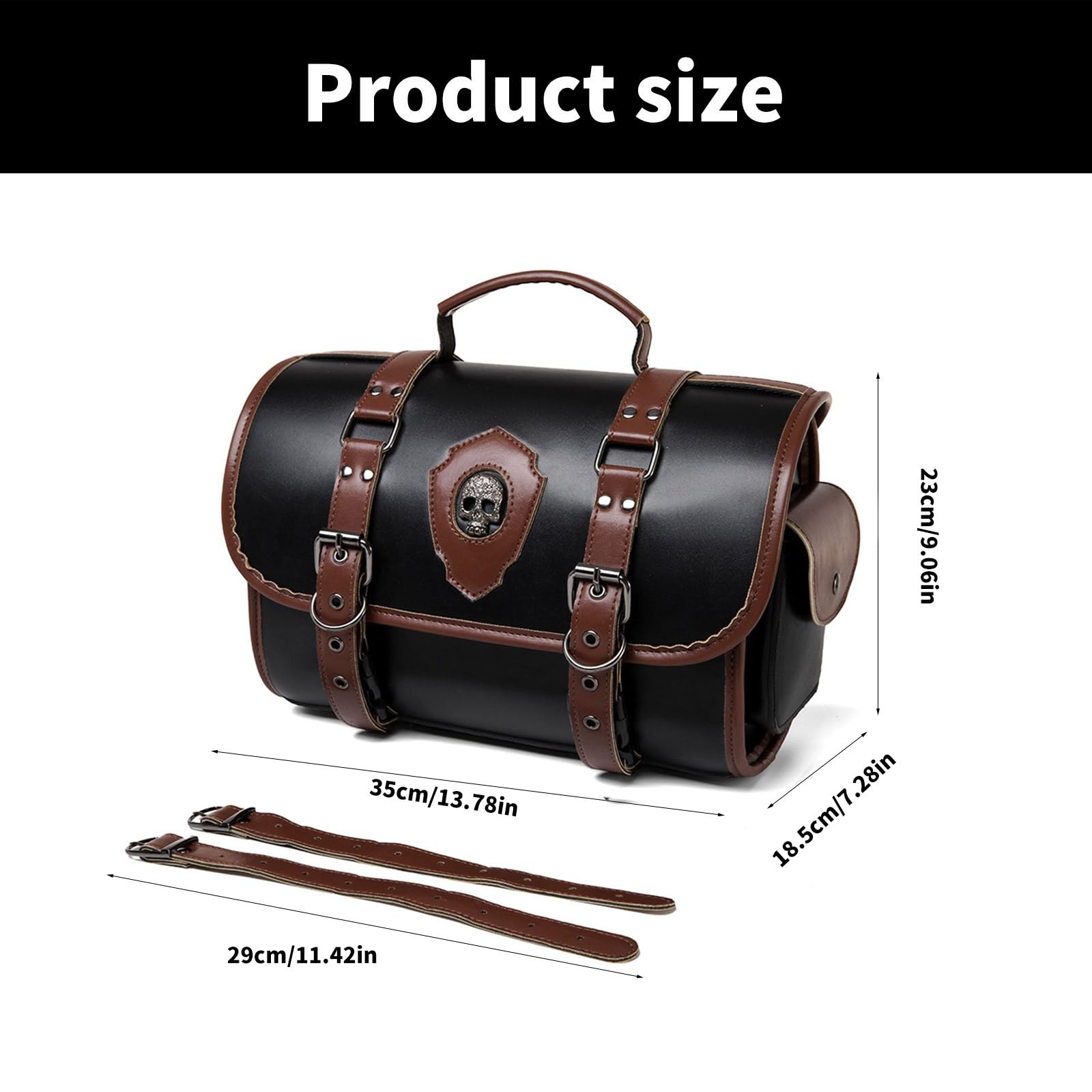 Sac à outils de moto avec 2 sangles en cuir PU Sac de rangement de bagages Style rétro Grande capacité pour Voyage Noir