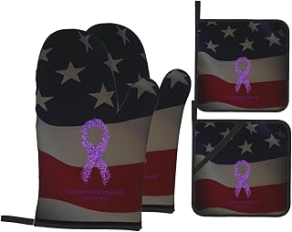 Alzheimers Awareness Oven Mitts and Pot Holders Sets 4 PCS Set Heat Resistant Gloves Hot Pads for Kitchen Cooking Baking