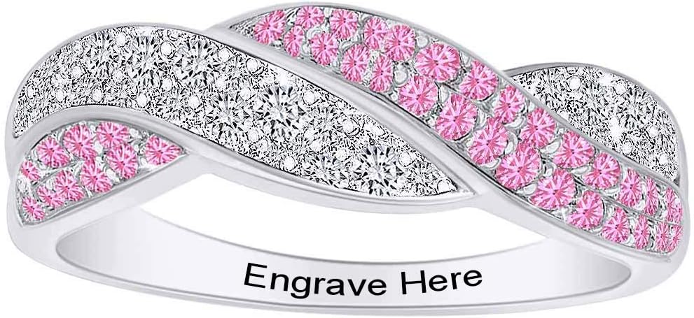 AFFY Personalized Simulated Birthstones & White Cubic Zirconia Engraved Wedding Band Ring in 14k White Gold Over Sterling Silver