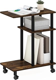 Furinno Turn-N-Tube C Shaped Side Table with Casters, Amber Pine/Black