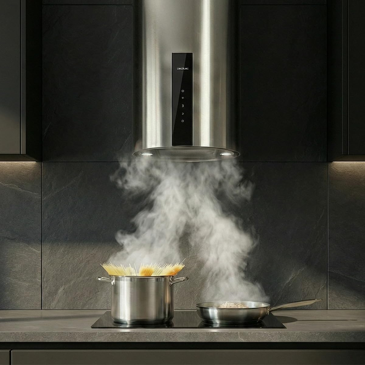 Cecotec Cappa Aspirante Rotonda a Parete 35 cm Bolero Flux DRT 358000 Inox A++. Aspirazione 715 m³/h, 2 Velocità + Funzione Booster, Filtri a Carbone, Classe A++, Controllo Touch