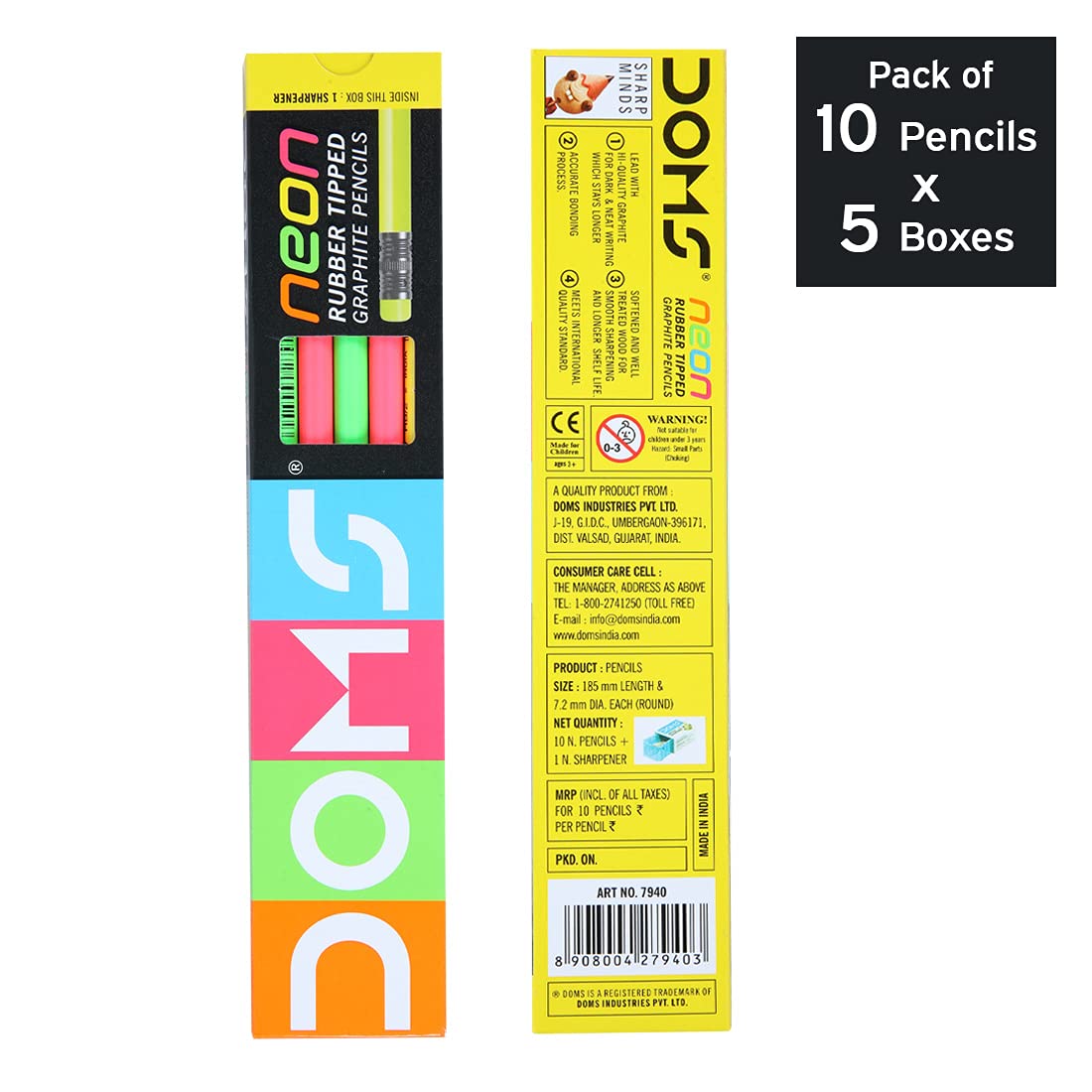 Doms Neon Rubber Tipped HB/2 Graphite Pencils Box Pack | Non-Toxic | Free Sharpner Inside The Box | Easy & Smooth Sharpening | Pack Of 50 Pencils - Image 2 thumbnail