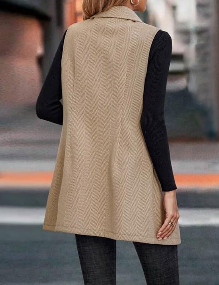 Tweed Gilet Donna Autunno Inverno senza maniche Lungo Lana A Spina di Pesce Blazer Giacche Vestito Capispalla Alla Moda