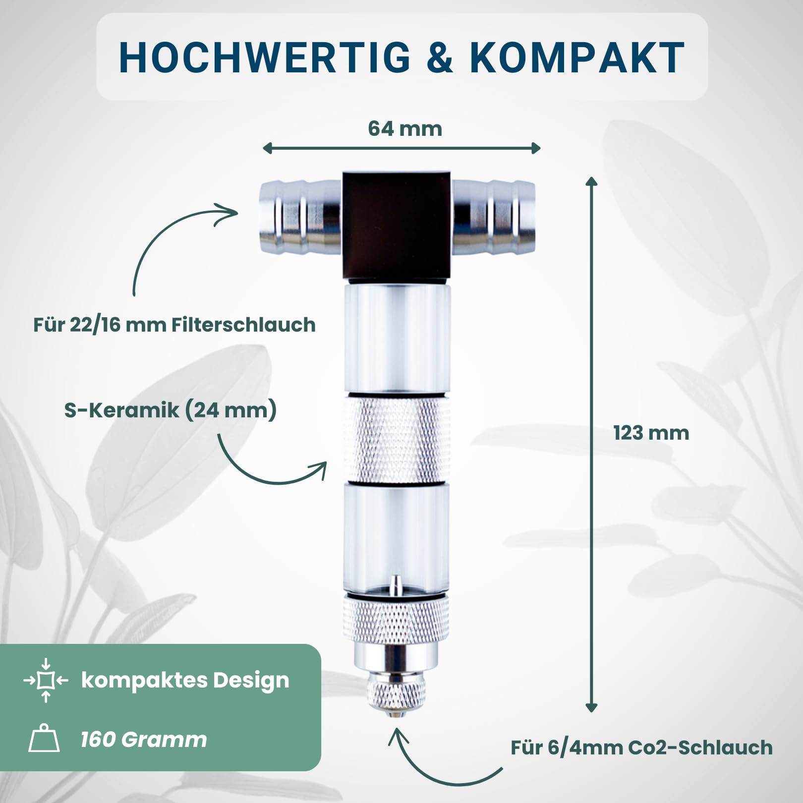 Q-Grow dyfuzor CO2, reaktor CO2 do akwarium, wysokiej jakości stal nierdzewna, łącznie z licznikiem pęcherzyków powietrza i zabezpieczeniem zwrotnym - przyłącze 22/16 mm