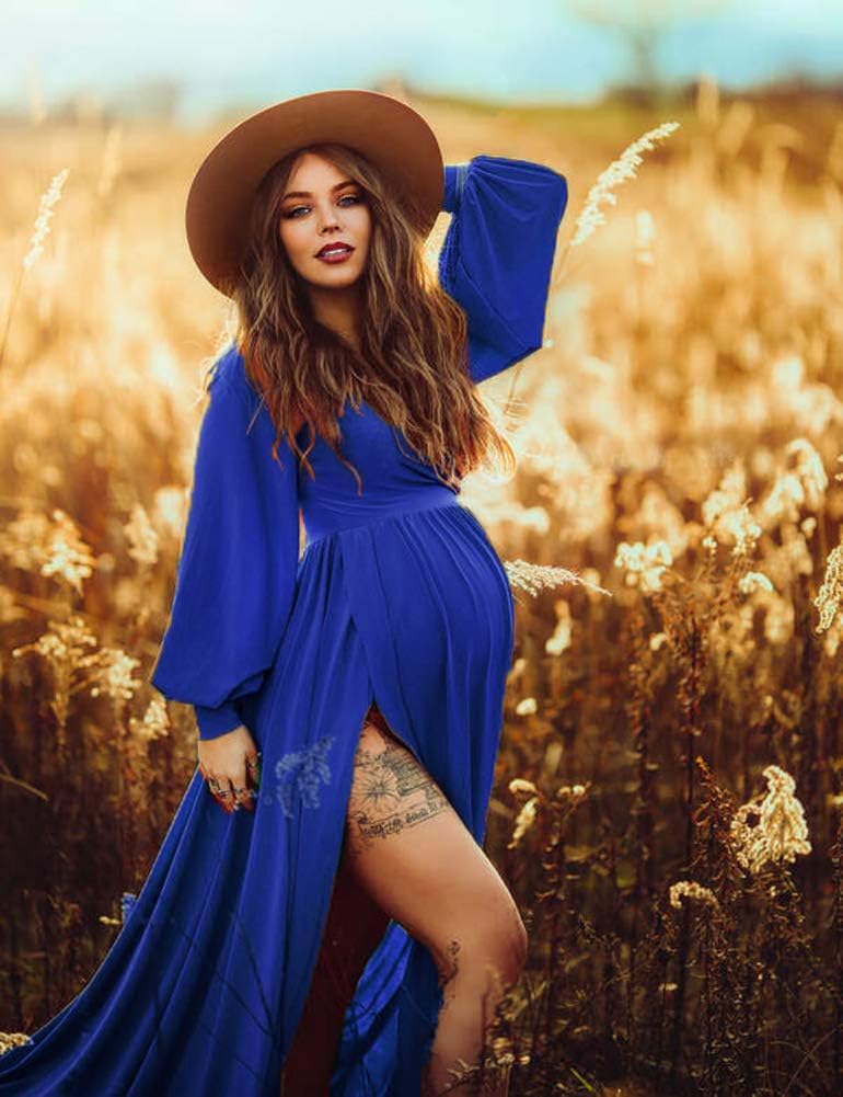Dedysler Maternity Gowns Long Sleeves Baby Shower Dress for Photoshoot Wrap Split Sweetheart Maxi Photography - Image 3
