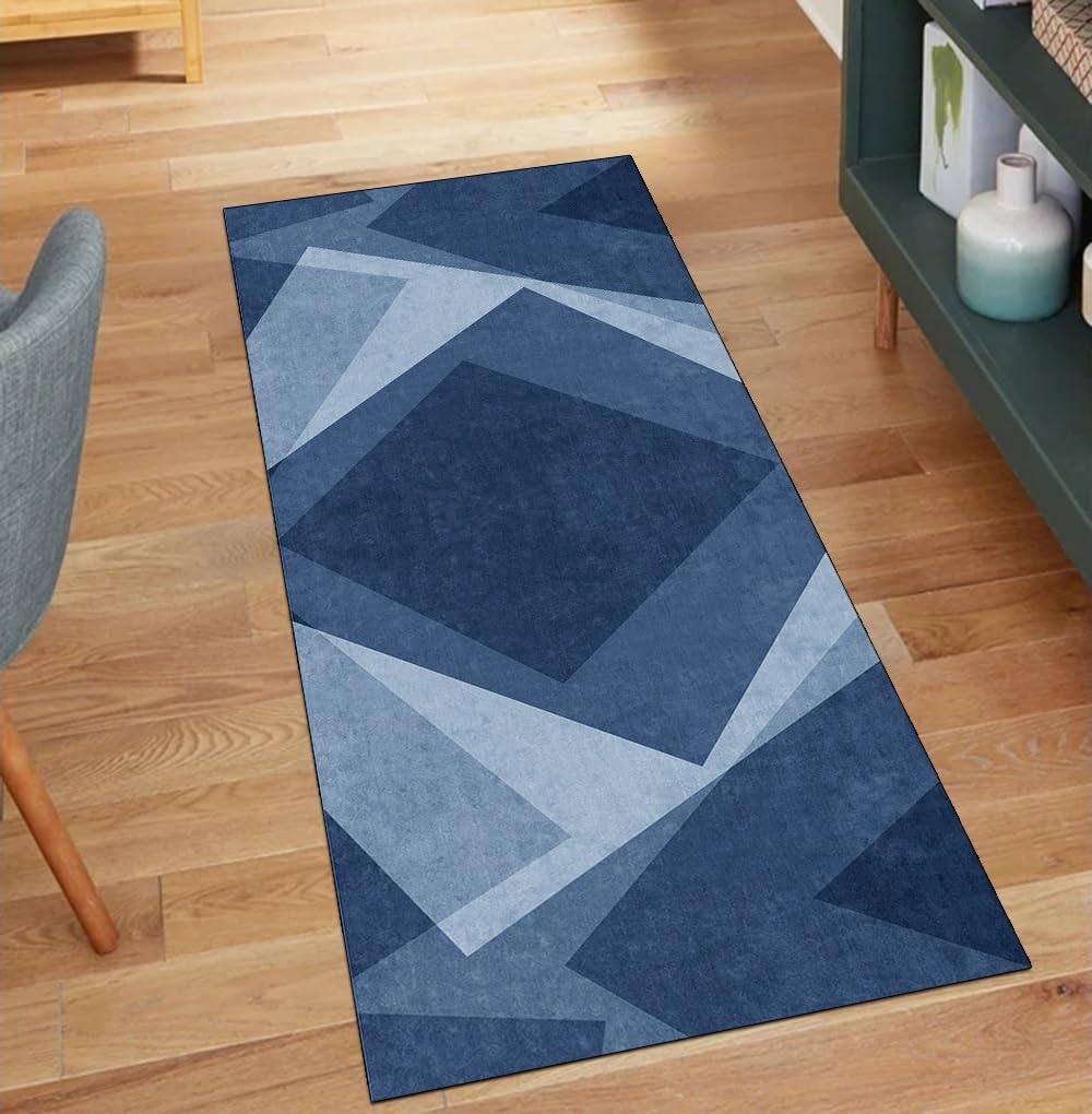 Alfombra de pasillo azul patchwork de 40x400 cm para cocina lavable y antideslizante