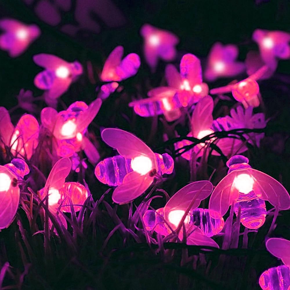 OKQYIMAQQ Solar Honeybee String Lights Outdoor, 6m 30LED Solar Bumble Bee String Lights Waterproof 8 Mode for Garden Yard (Pink)