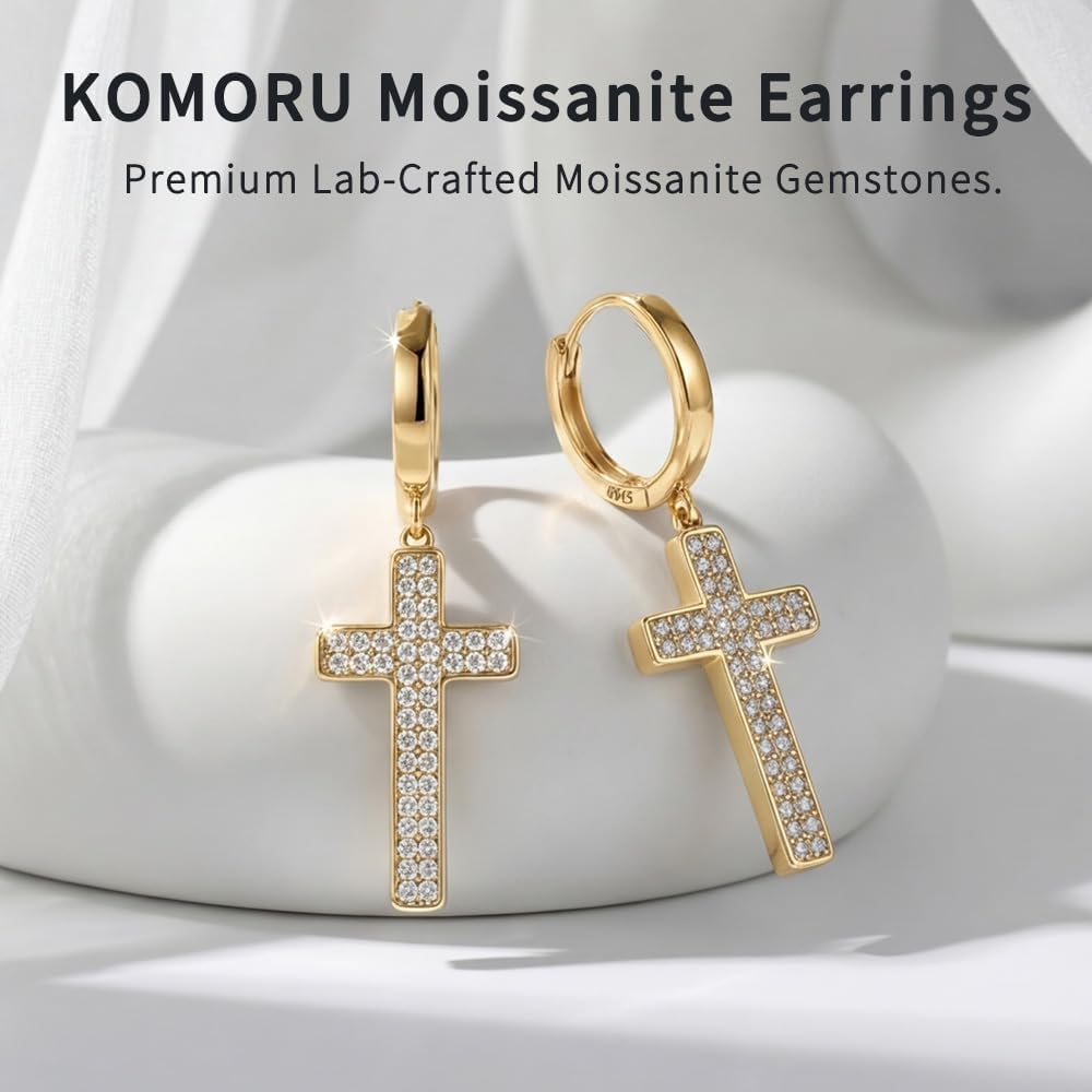 KOMORU Moissanite Pave Cross Dangle Drop Earrings, 925 Sterling Silver Hypoallergenic, Christian Faith Jewelry for Women Men