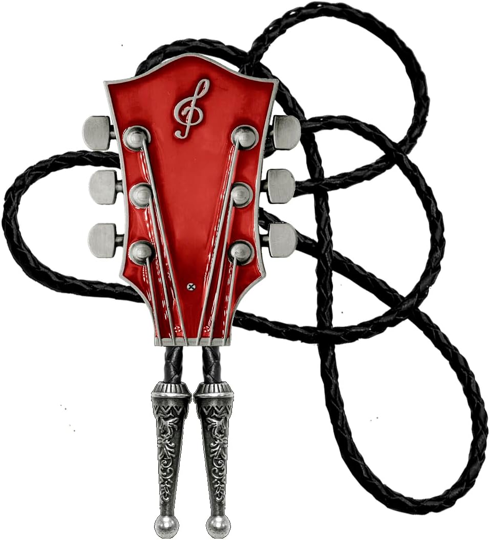 Moranse Bolo Tie With Guitar Music Lover Design Cowboy and Genuine Cowhide Rope