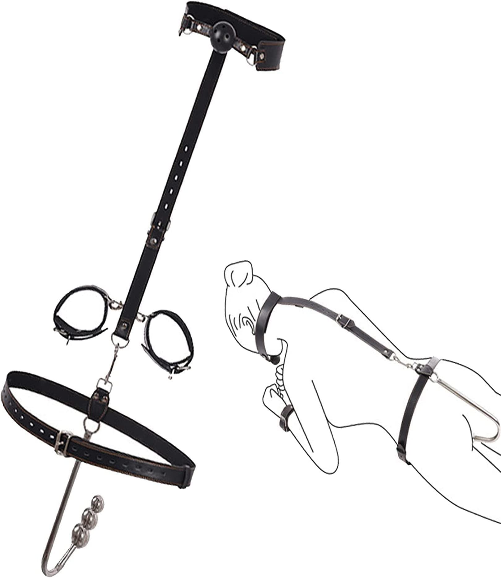 Kit de bondage BDSM, collier, gag, crochet anal, plug anal en métal, menottes sexuelles réglables en cuir, ceinture de chasteté, contraintes fétichistes, jouet anal(3 Kugeln)