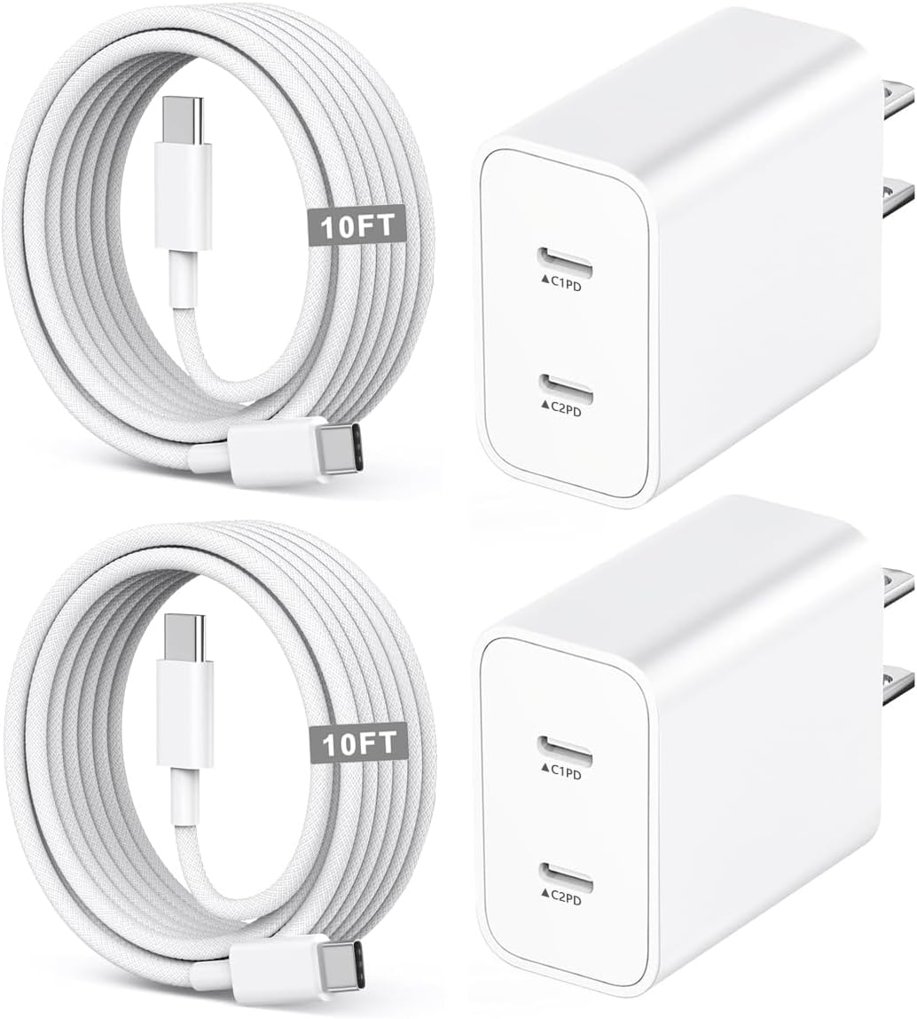 iPhone 17/16/15 Fast Charger,2-Pack USB C 2in1 Dual PD Charging Block with 10FT Long Type C to C Woven Charger Cable for Apple iPhone 17e/17 Pro Max/17 Pro/Air/iPhone 16 Pro Max/16e/15 Pro/15 Plus