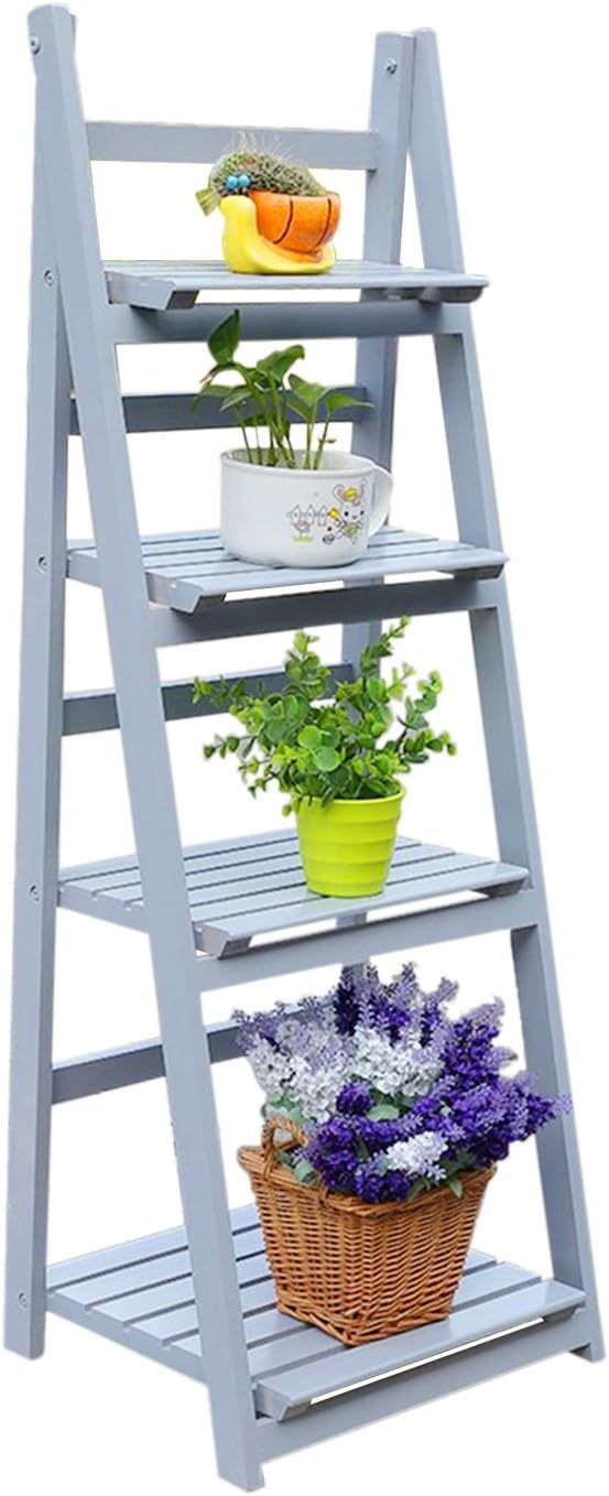 KATHER Plant Stand 4 Tier Flower Stand Flower Shelf Wooden Wooden Garden Home Flower Balcony Shelf Ladder Display Free Standing Folding Flower Stand (Grey)