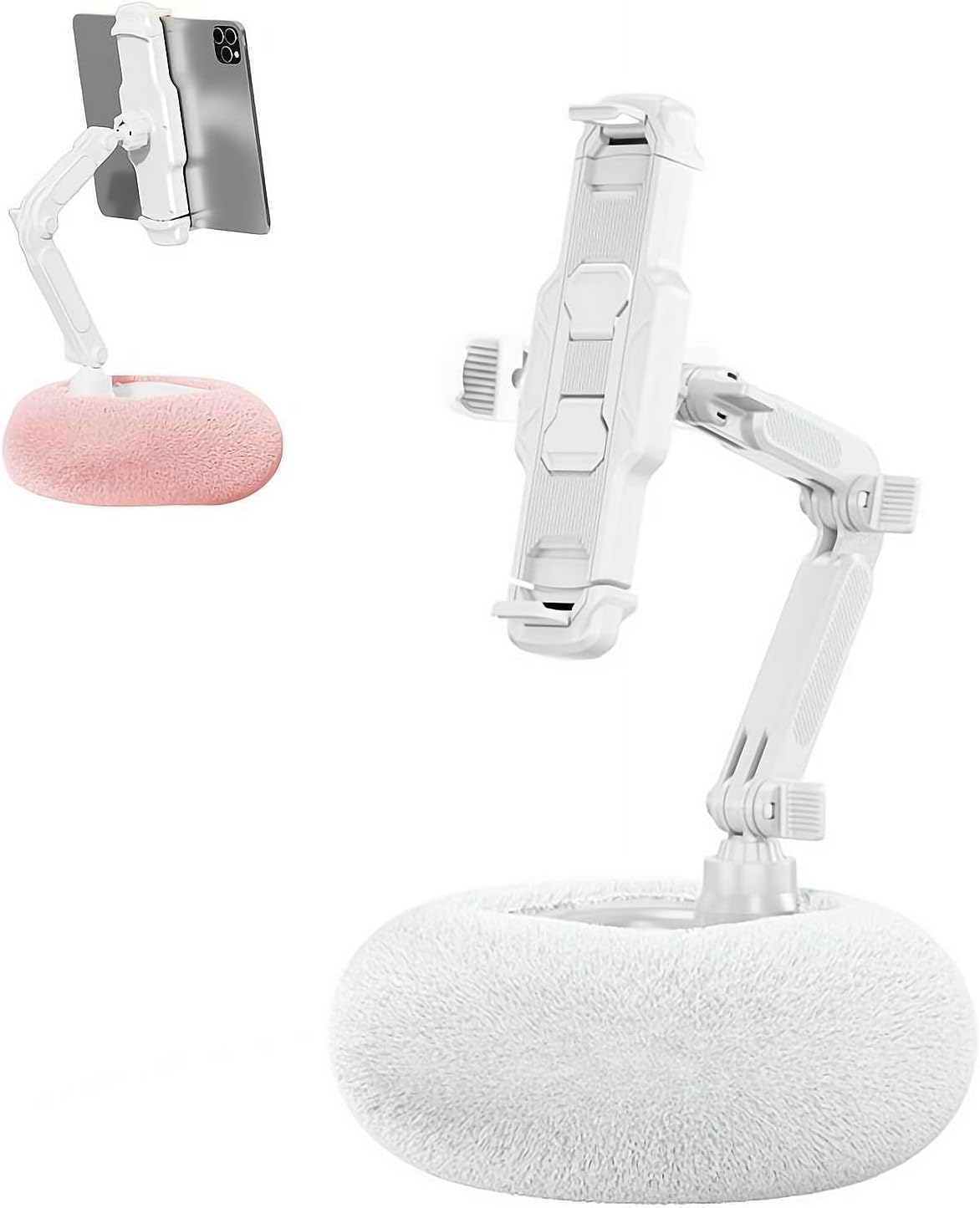 Fuzzy Tablet Pillow Stand Holder with Detachable Snack Bowl, Soft Fluffy 360°Adjustable Phone Holder, Compatible with Tablet, Phones & E-Readers (White Tablet Clip)