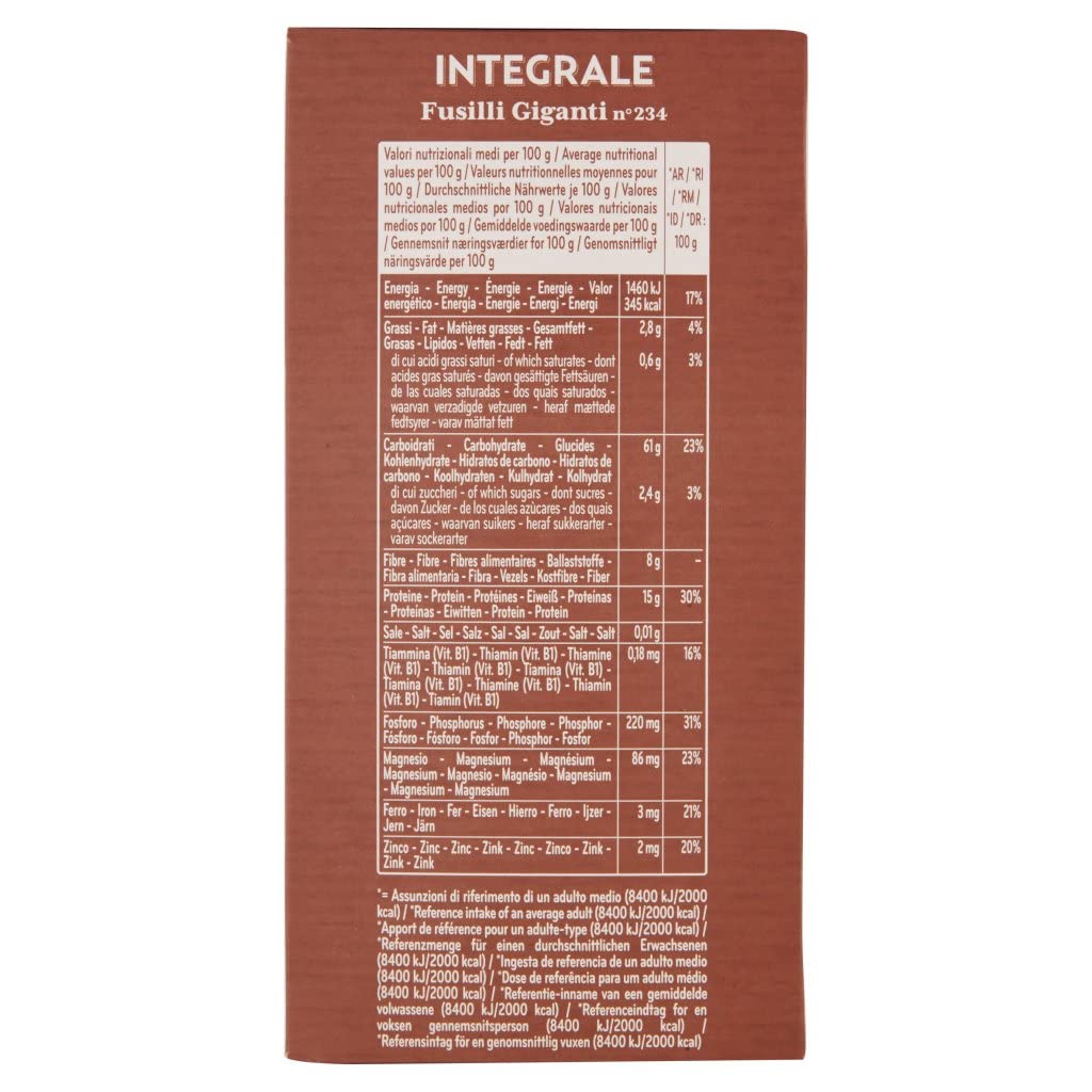 Italian Gourmet Pasta Fusilli giganti integrali n. 234 24 x 500g, Vollkorn | Formato grande; Hartweizengrieß aus ganzem Korn, kochstabil für sughi ricchi, Gesamtnettogewicht 12 kg + Kostenlos Polpa 400g