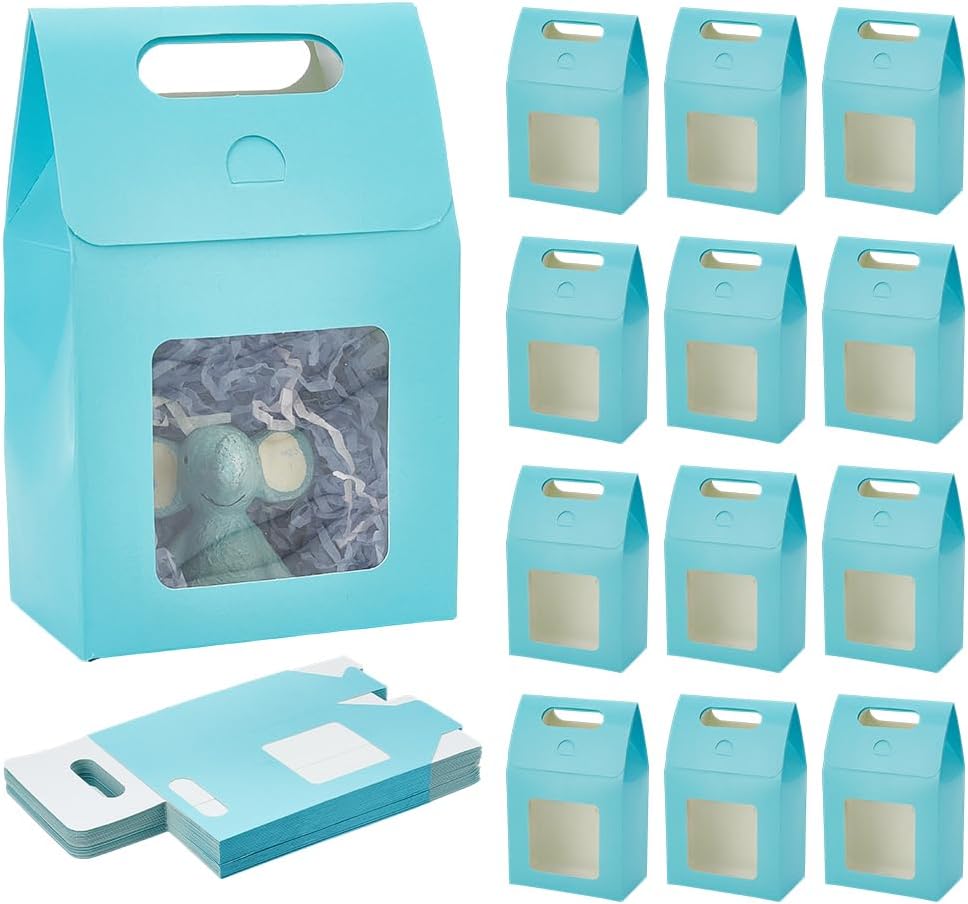PH PandaHall 24pcs Blue Gift Box with Handle Small Goodies Boxes Gable Paper Gift Boxes Party Favor Box Candy Box with Window for Wedding Birthday Treat Gift Packaging 3.8x2.3x5.9 Inch