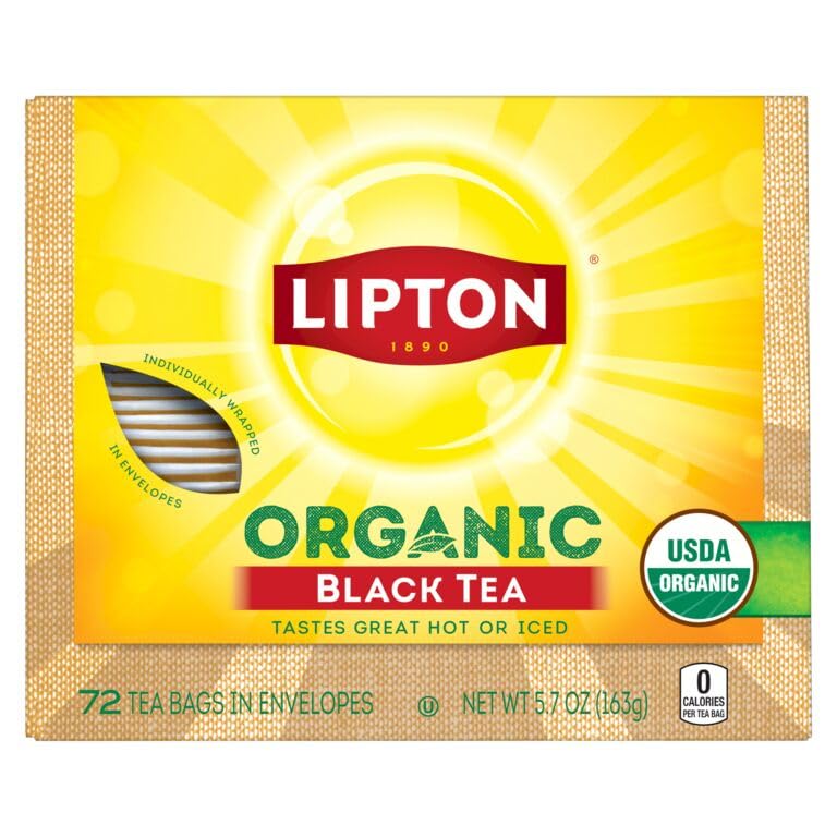 Lipton Organic Black Tea Bags, Hot or Iced Caffeine Tea, 72 Total Bags
