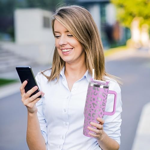 Miniatura 8 de Vaso de 40 onzas con asa, termo de acero inoxidable con diseño de leopardo, taza de café, taza de café para exteriores, para automóvil, deportes,