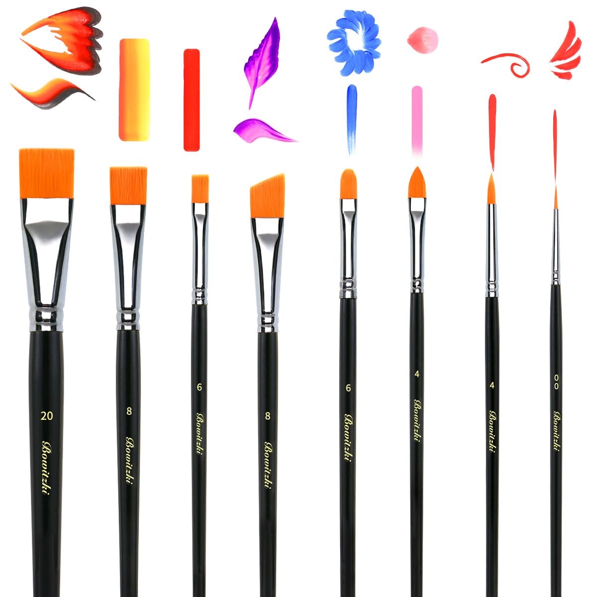 Bowitzki Black Face Paint Brushes 8 pcs,Professional Artist Brush for Body face Painting,Acrylic Painting Watercolor Oil Gouache