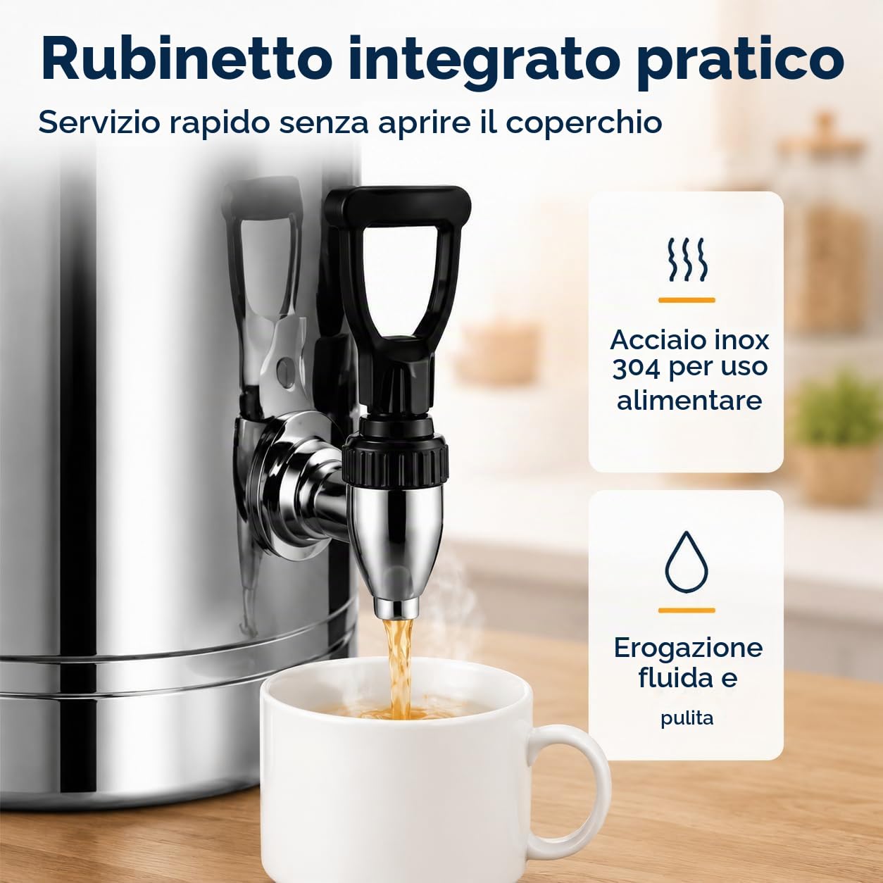 Contenitore termico per acqua in acciaio inox, 40 l, con rubinetto, in acciaio inox 201, isolamento da 18,5 mm, superficie lucidata, ideale per zuppe, stufati, tè e bevande calde