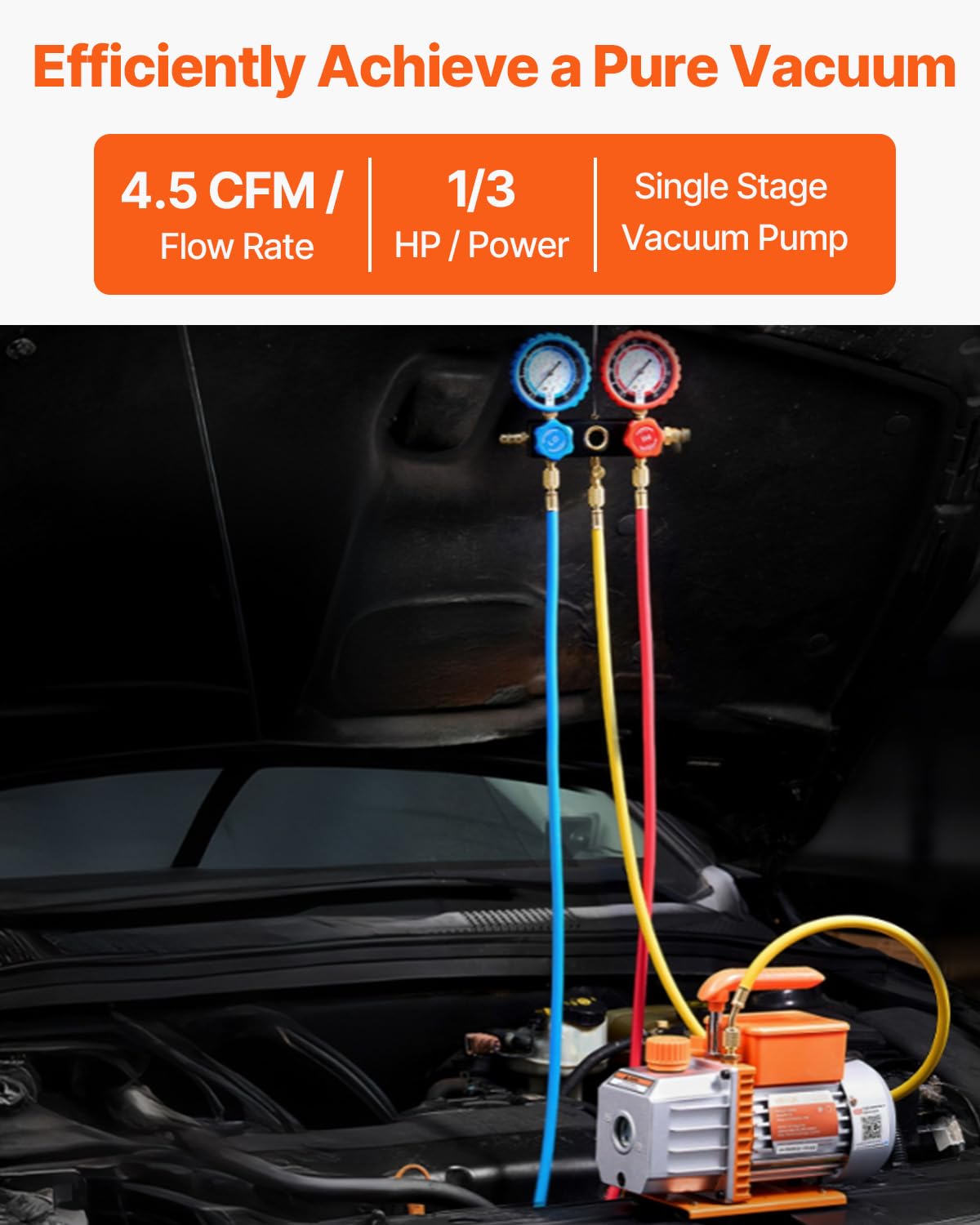 VEVOR Pompa próżniowa do klimatyzacji 128 l/min HVAC Pompa próżniowa 180 W z zestawem wskaźników i trójkolorowym wężem gumowym Torba transportowa 1440 obr.