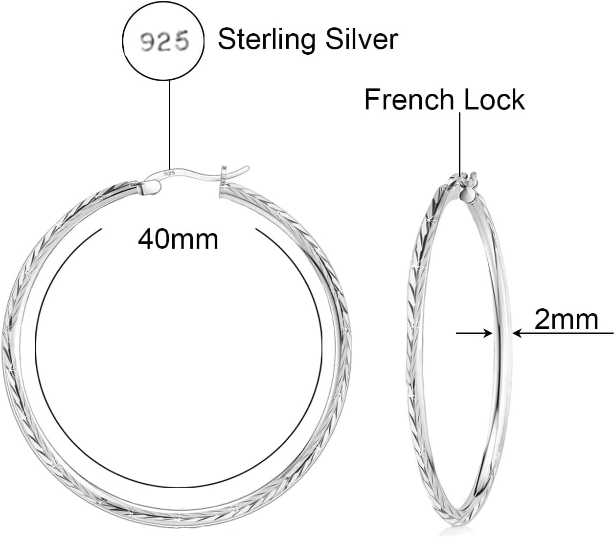 Savlano 925 Sterling Silver 2MM Diamond Cut Round Hoop Earrings for Women Comes in 25MM-40MM with a Gift Box-Made in Italy
