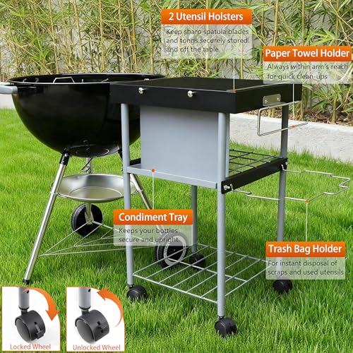 Grill Table Cart for Weber 22 inch Kettle 18in Charcoal Camping Carts for Blackstone 17 inch Griddle Accessories Outdoor Grillling Side Tables Freestanding Barbecue Shelves with Wheels Storage - Image 2