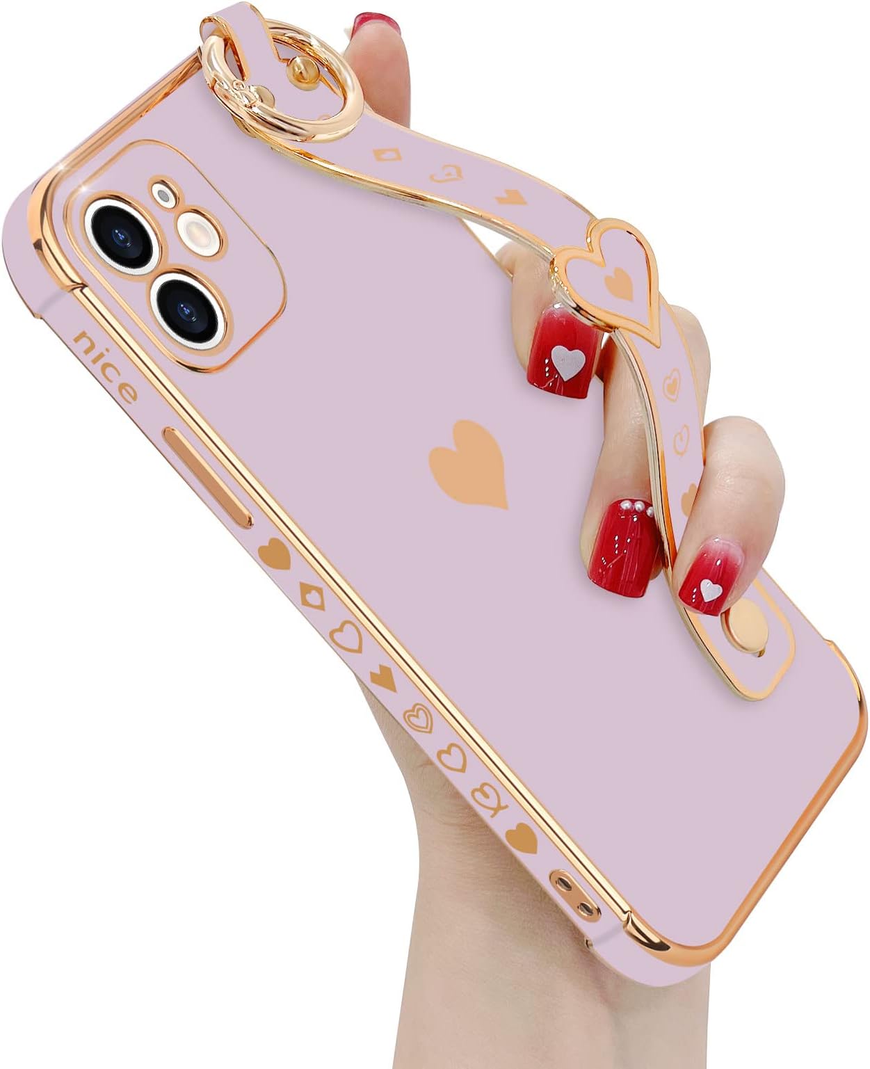 LLZ.COQUEfor iPhone 12 Case Cute Love-Heart Plating Wristband Phone Cover for Women Girls Bling Soft Silicone Camera Lens Protection Bumper Shockproof Wrist Phone Case for iPhone 12 (6.1'') - Purple