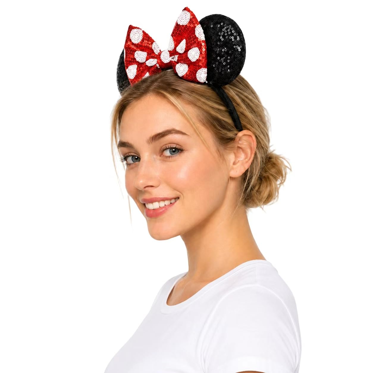 Polka Dot Mic Mouse Ear Headband Hair Bow Headband, Sequin Bow Festival Fashion Hairband Amusement Park Headwear for Women Girls