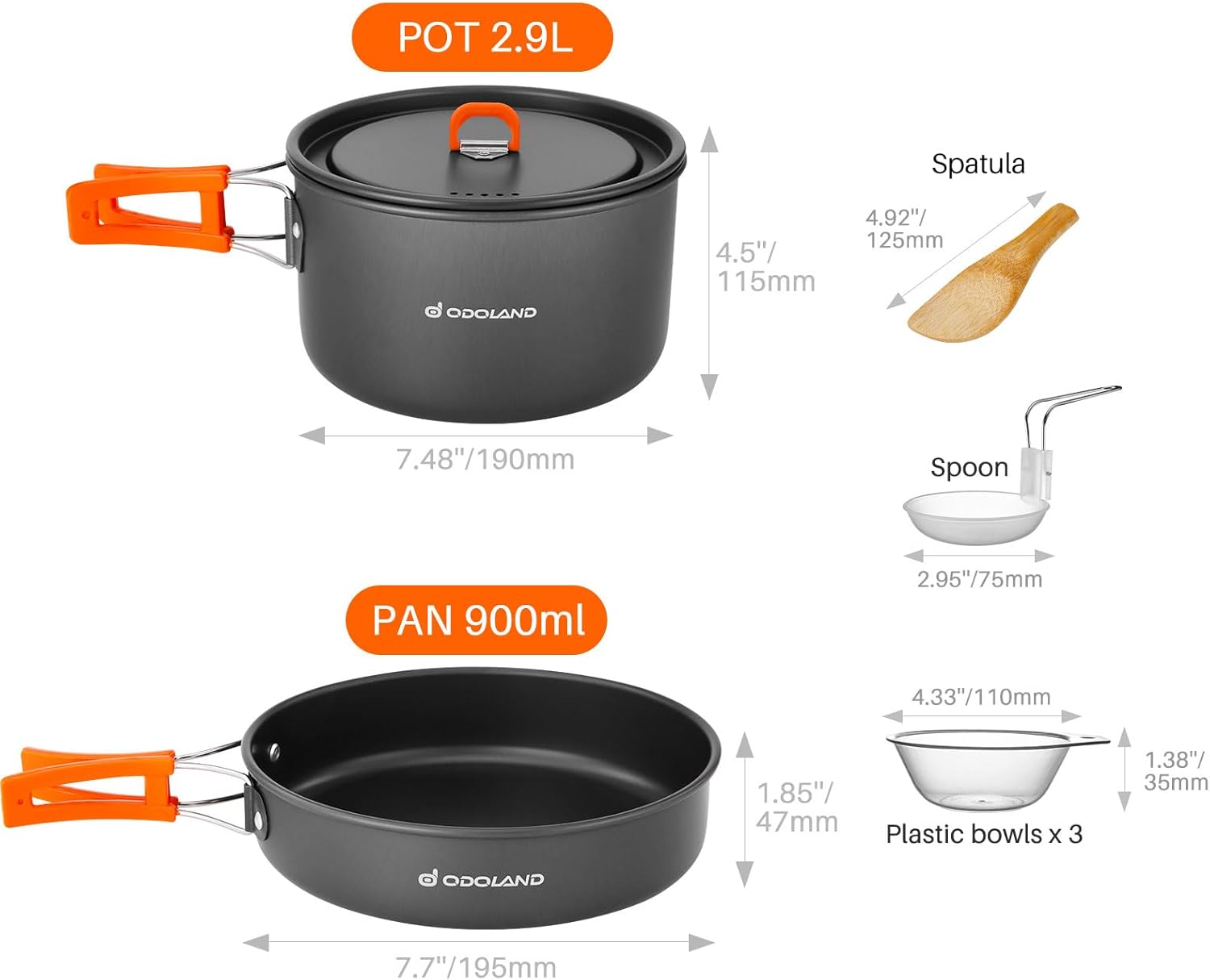 Odoland 9pcs Camping Cookware Non-Stick Lightweight Pots and Pans Set with Plastic Bowls Soup Spoon for Backpacking, Outdoor Cooking and Picnic - Image 4