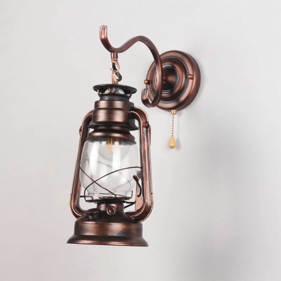 SYAXVOM Wall Lamp Retro Pull Chain Switch Lantern Kerosene Sconces,Metal Transparent Glass Lampshade