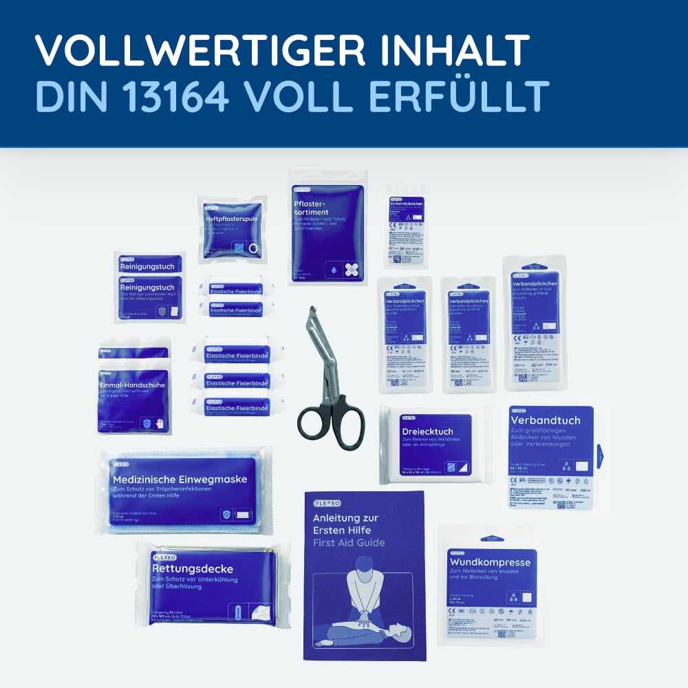 Trousse de premiers secours pour voiture avec triangle de signalisation et gilet de signalisation conforme à la norme DIN 13164:2022 | Valable pour 2025 | Boîte de premiers secours pour voiture