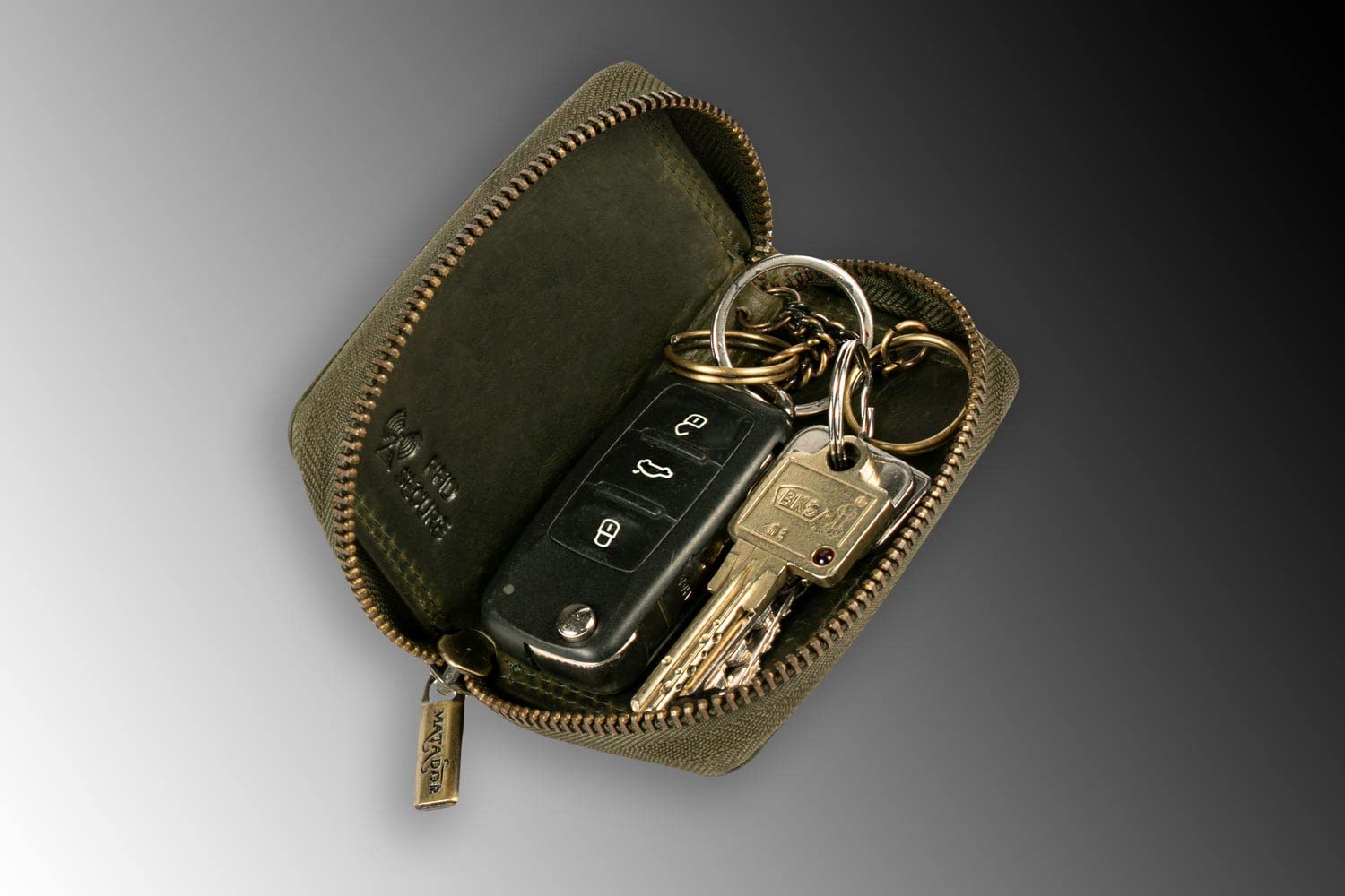 MATADOR Mini Pochette Rangement - Sac pour Clef en Cuir Véritable | Etui à Clé avec Femeture Éclair en Métal et Mousqueton | Porte Clés Clef Protection Organiseur avec Boîte Cadeau Elegant Vert