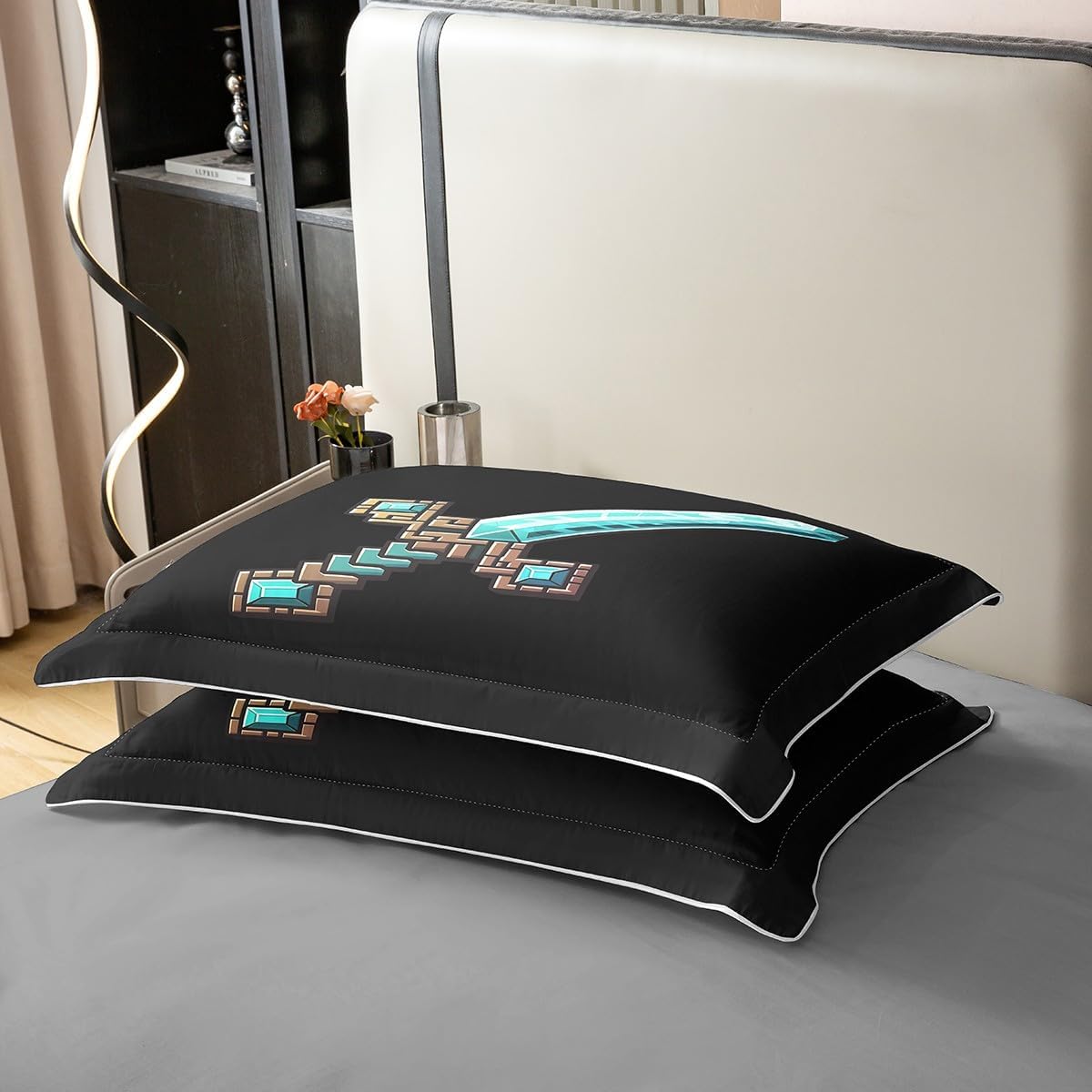 Blue Sword 100% Cotton Duvet Cover Twin,Pixelated Check Sword Bedding Sets 2Pcs,Sandbox Block Gaming Comforter Cover for Kids Boys Teens Room Decor,Modern Black Games Theme Quilt Cover,1 Pillowcase image 5